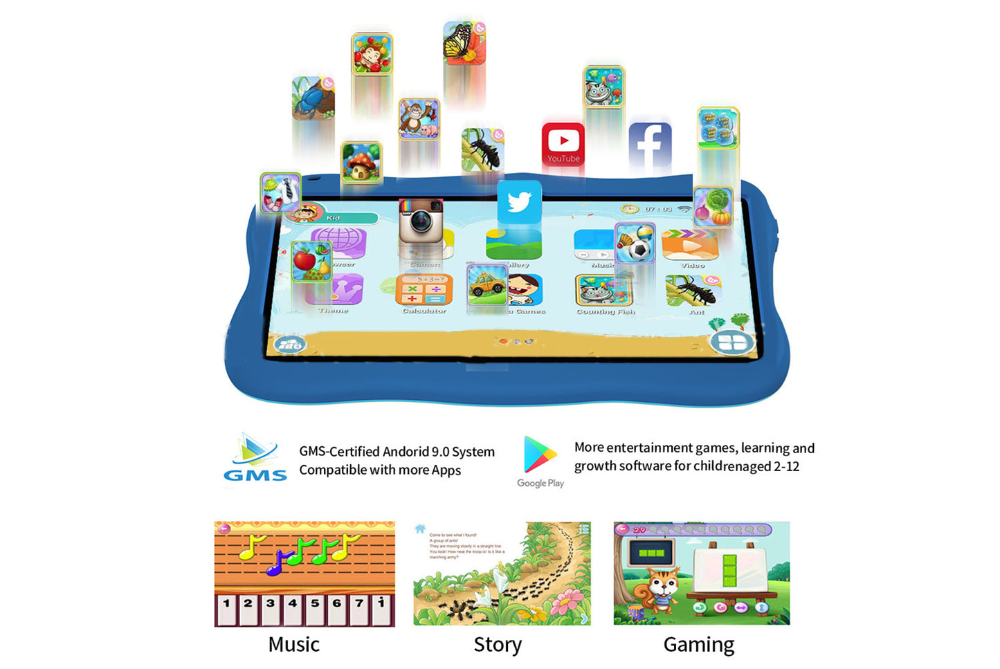 7-inch drop-resistant children's tablet for learning and entertainment