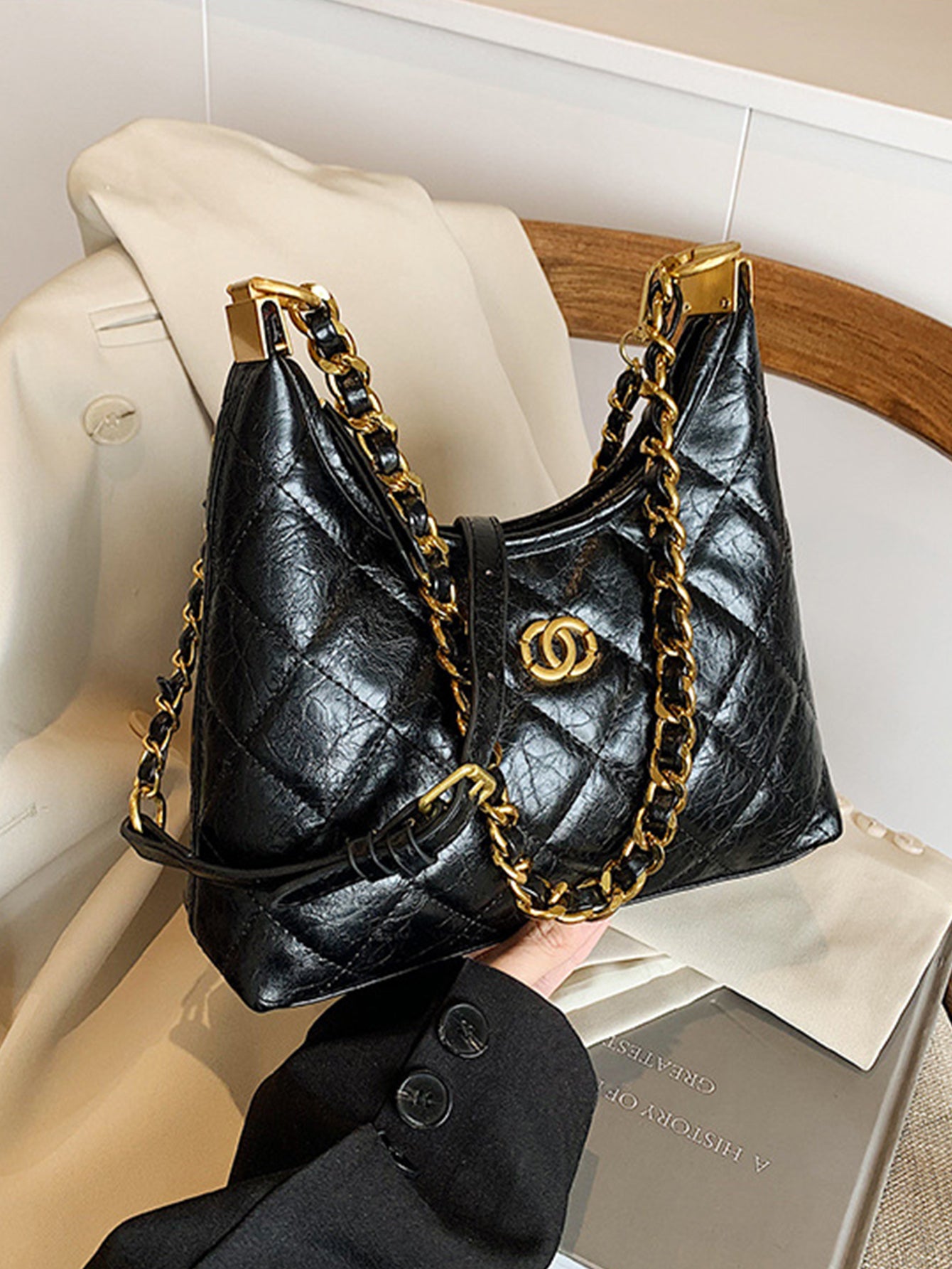 Waxed leather diamond chain bag