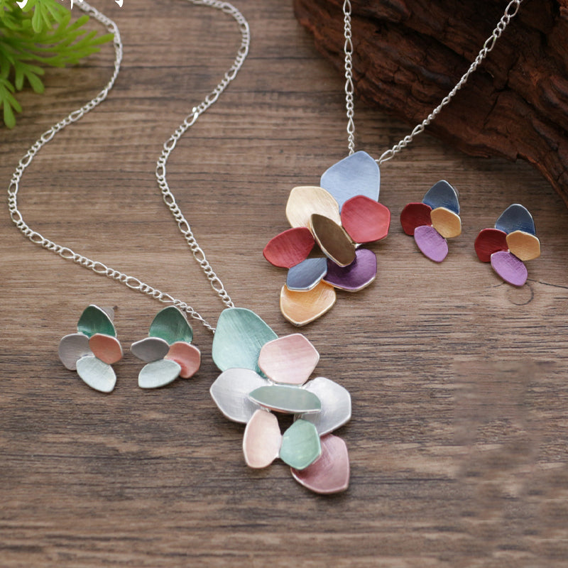 Enamel Geometric Petal Earring Pendant Set