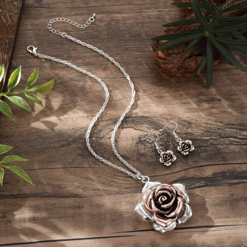 Glossy two-tone rose earrings and pendant