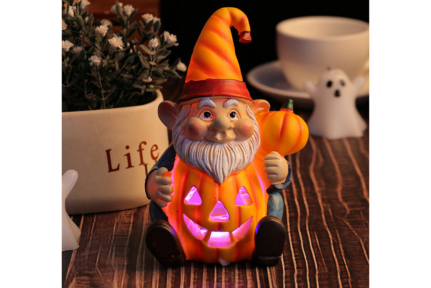 Halloween Pumpkin Old Man Gnome Light-Up Ornament