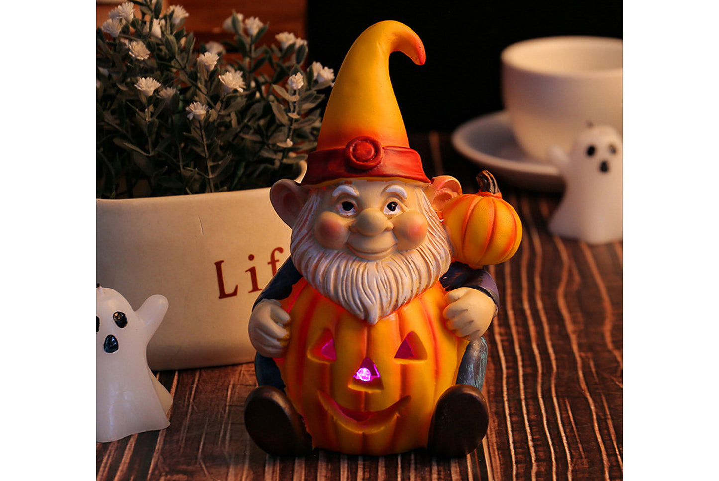 Halloween Pumpkin Old Man Gnome Light-Up Ornament
