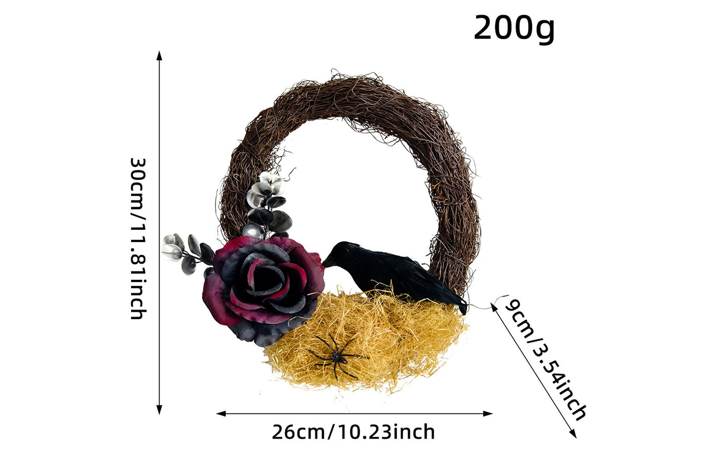 Halloween Dead Rose and Crow Wreath