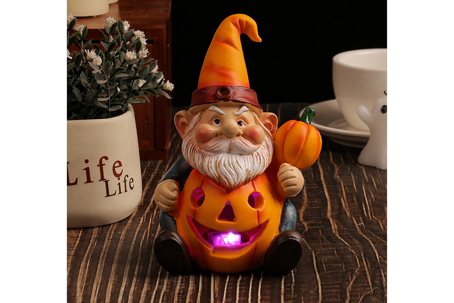 Halloween Pumpkin Old Man Gnome Light-Up Ornament