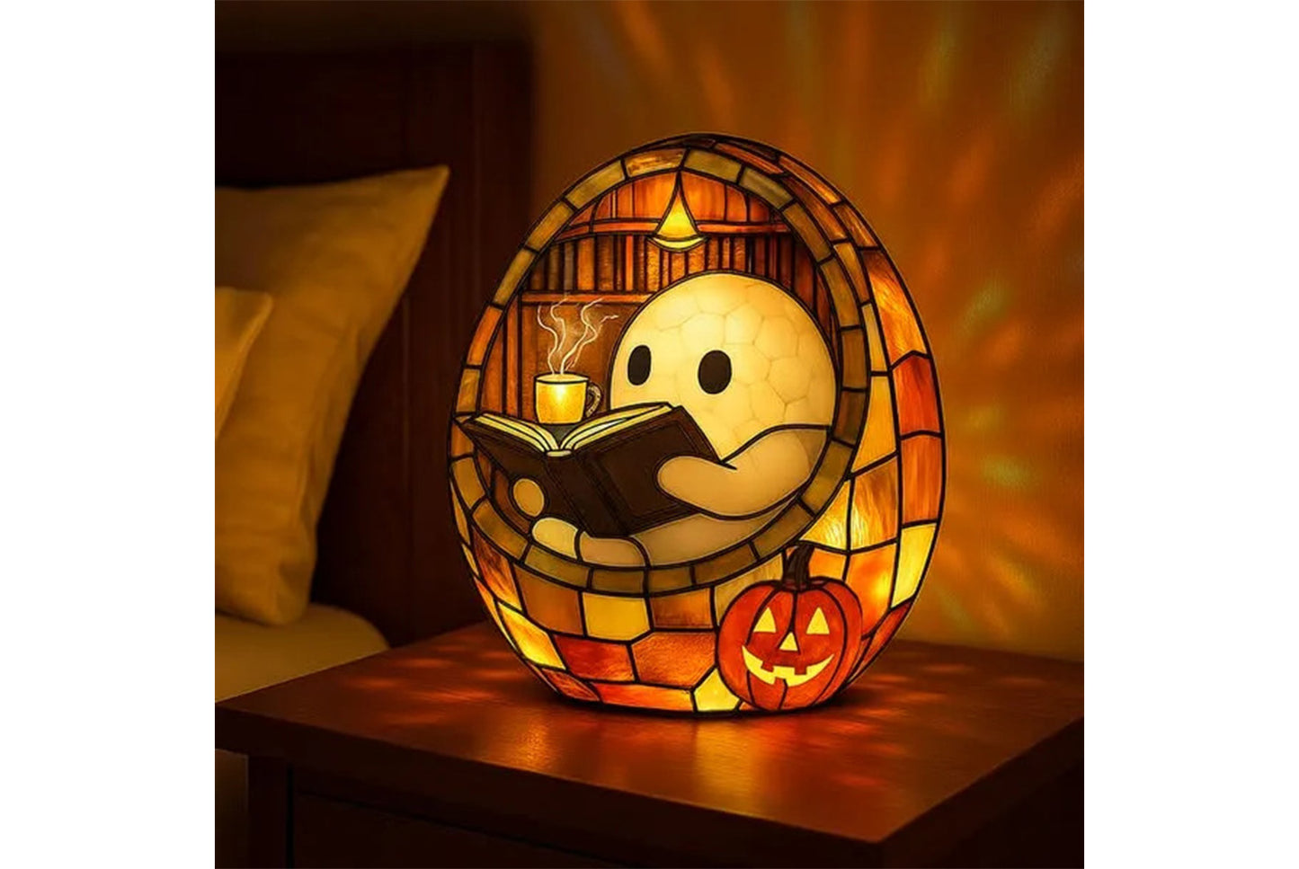 **Ghost Reading Book Lamp Halloween Resin Figurine**