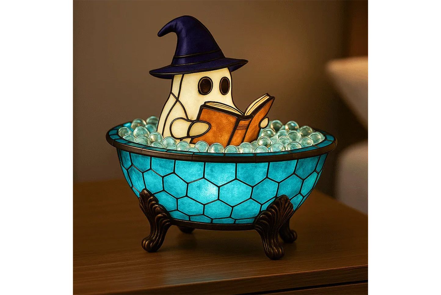 **Ghost Reading Book Lamp Halloween Resin Figurine**