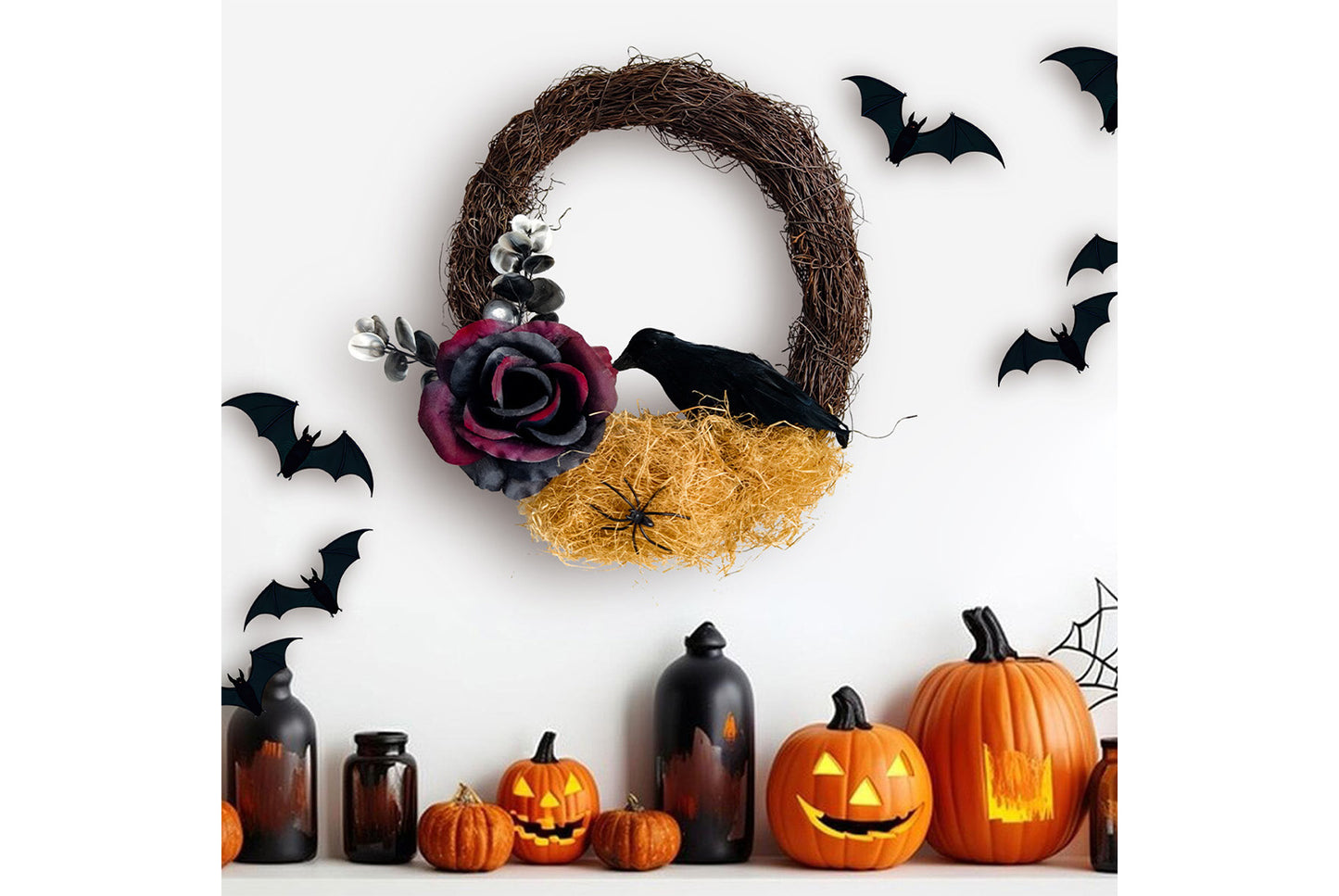 Halloween Dead Rose and Crow Wreath
