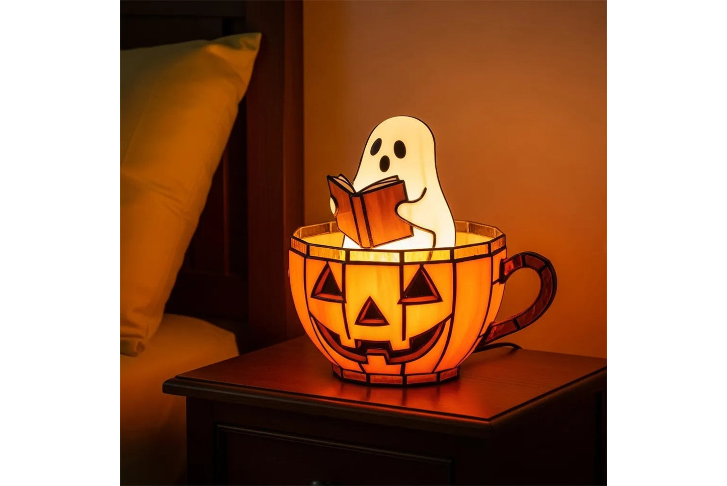 **Ghost Reading Book Lamp Halloween Resin Figurine**