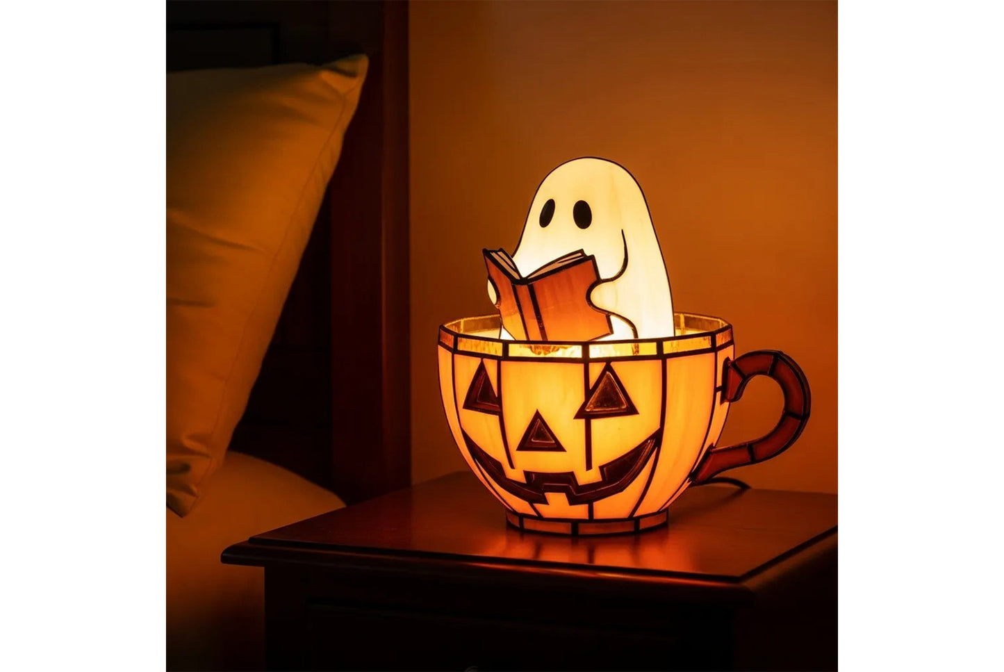 **Ghost Reading Book Lamp Halloween Resin Figurine**