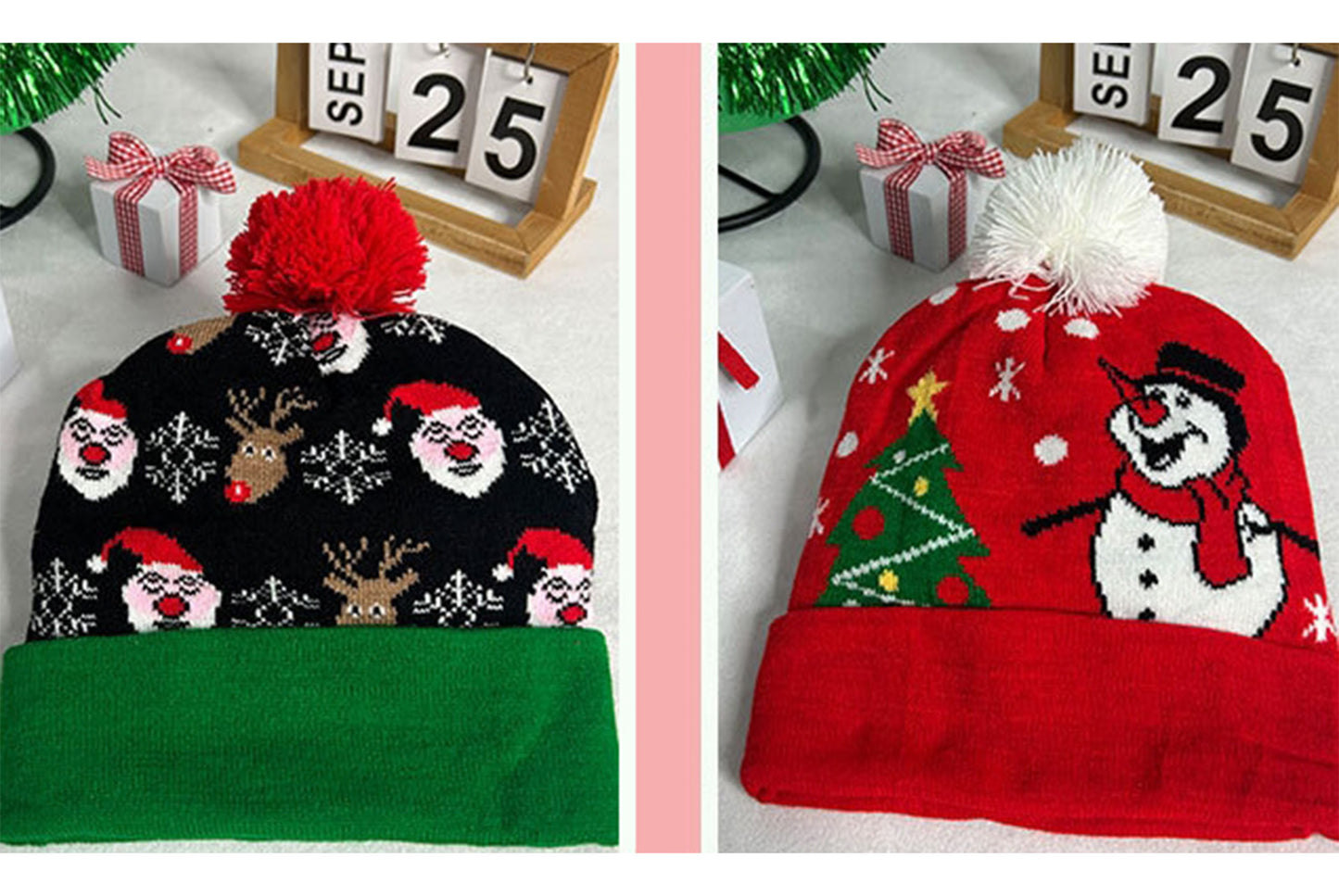 **Christmas LED Pom-Pom Knit Hat (Winter Warm Fold-Up Light-Up Hat)**
