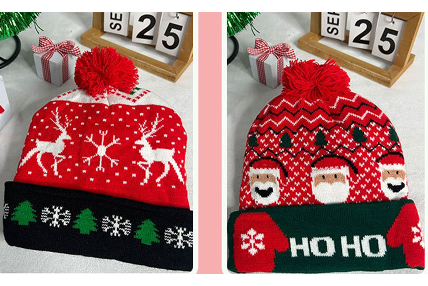 **Christmas LED Pom-Pom Knit Hat (Winter Warm Fold-Up Light-Up Hat)**