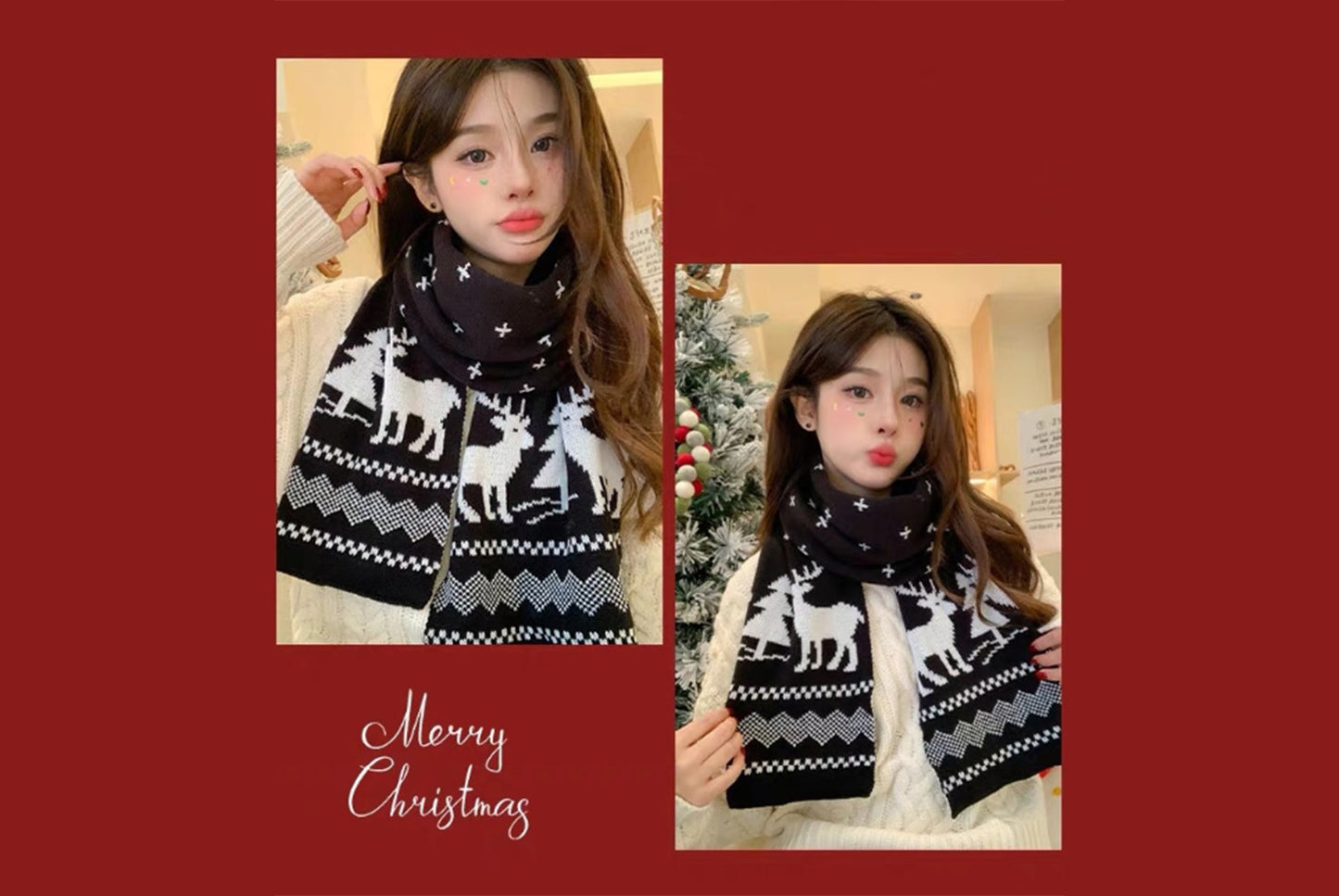 **Christmas Reindeer Knit Scarf (Three Colors Available)**