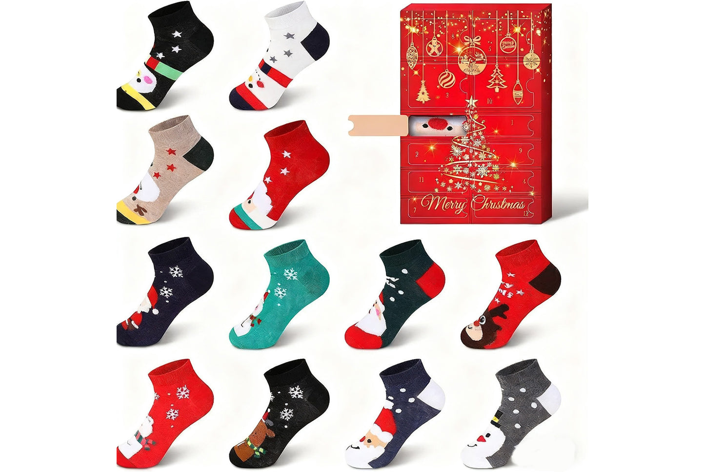 **Christmas Eve Mid-calf Socks Countdown Calendar Gift Box**