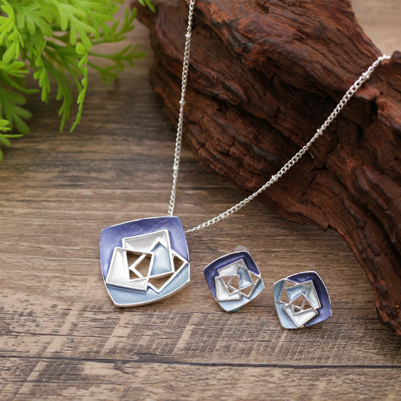 Enamel Hollow Square Geometric Earring Pendant Set