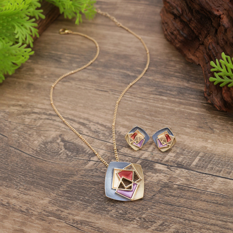 Enamel Hollow Square Geometric Earring Pendant Set