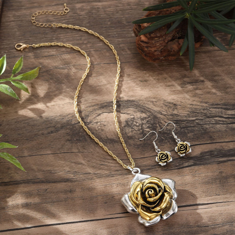 Glossy two-tone rose earrings and pendant