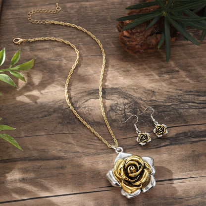 Glossy two-tone rose earrings and pendant