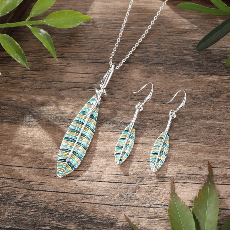 Enamel leaf earrings and necklace set