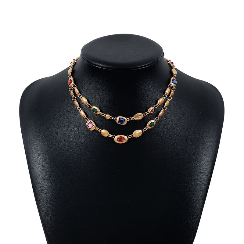 Vintage trendy ethnic style double-layer diamond necklace