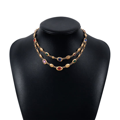 Vintage trendy ethnic style double-layer diamond necklace