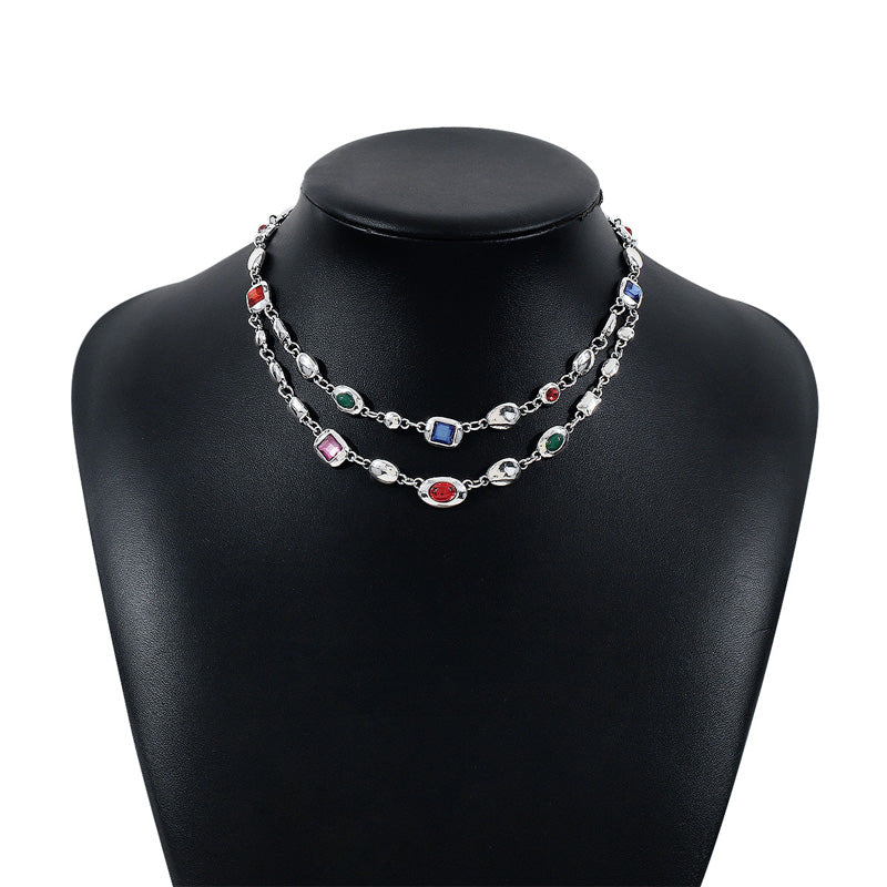 Vintage trendy ethnic style double-layer diamond necklace