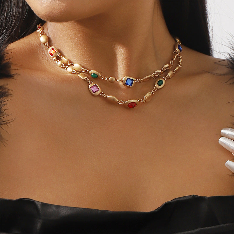 Vintage trendy ethnic style double-layer diamond necklace