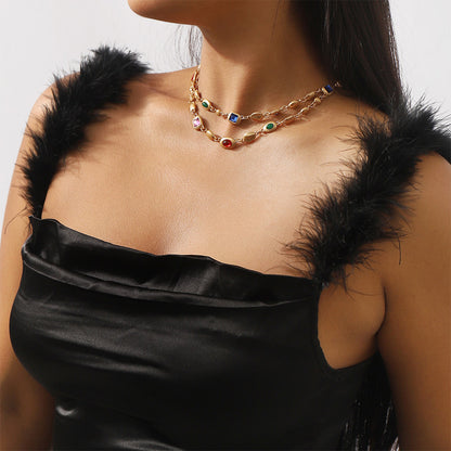 Vintage trendy ethnic style double-layer diamond necklace