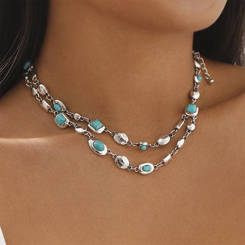 Vintage trendy ethnic style double-layer diamond necklace