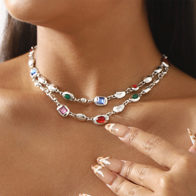 Vintage trendy ethnic style double-layer diamond necklace