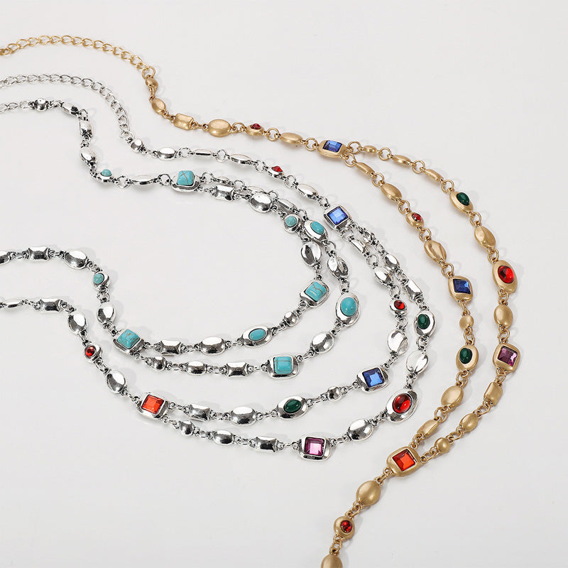 Vintage trendy ethnic style double-layer diamond necklace