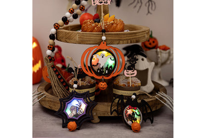 Halloween Wooden Light-Up Pendant | Pumpkin, Bat, and Spider Horror Decoration