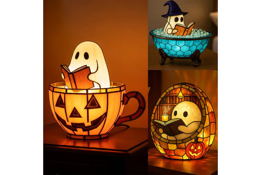 **Ghost Reading Book Lamp Halloween Resin Figurine**