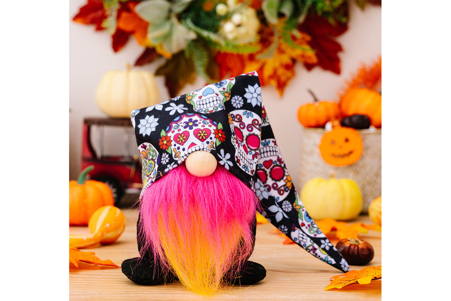 **Halloween printed hat dwarf doll | Rose red/green fabric decoration**