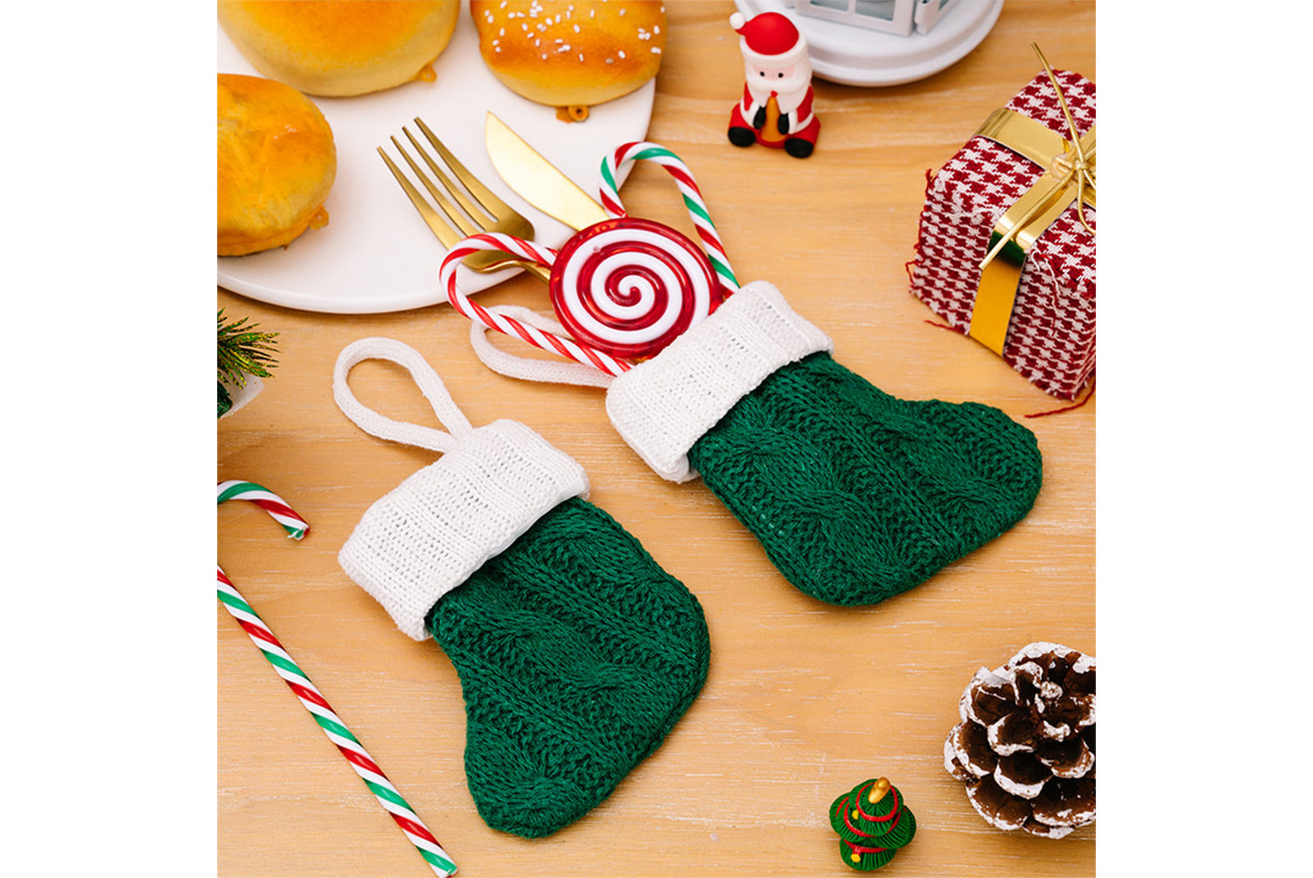 **Green Knitted Mini Christmas Stocking Ornament**