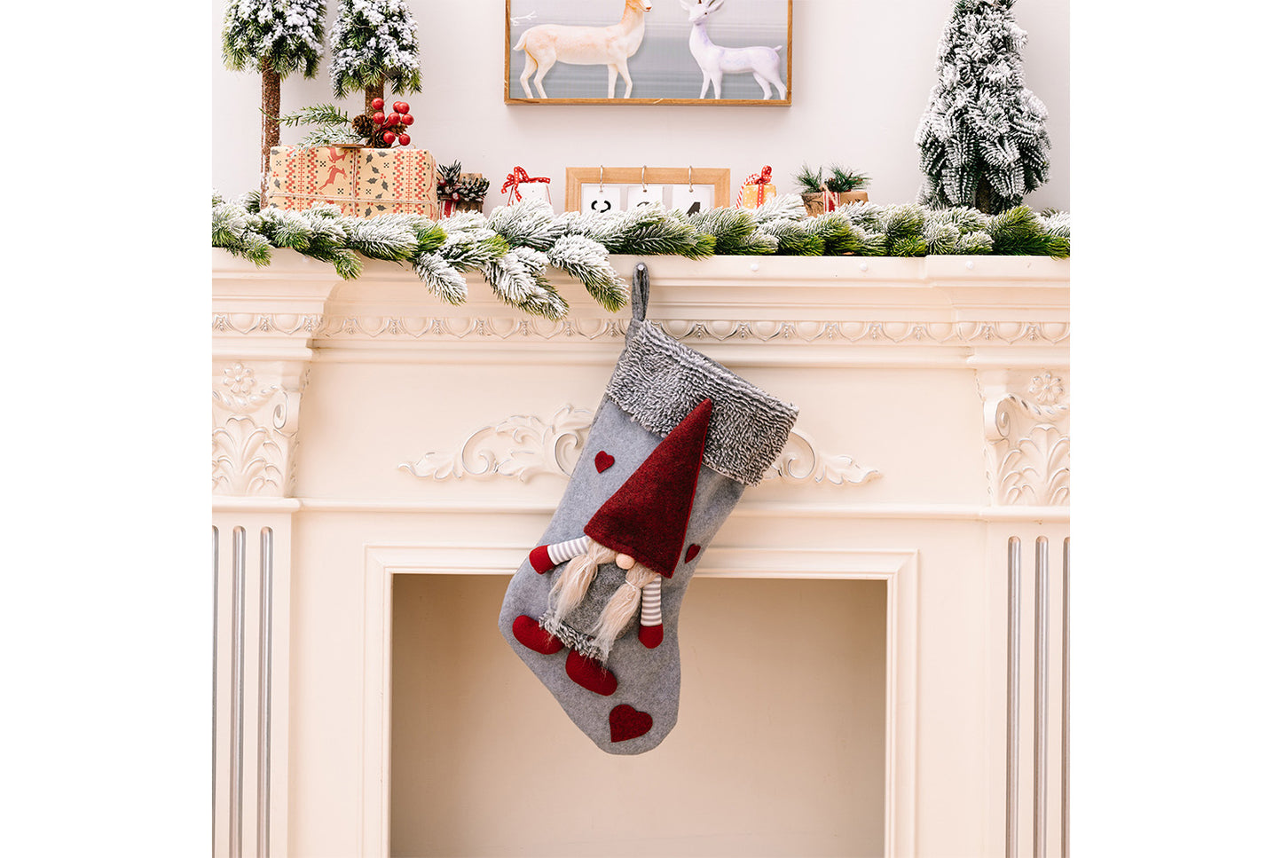 **Grey Frayed Edge Rudolph the Forest Old Man Christmas Stocking**