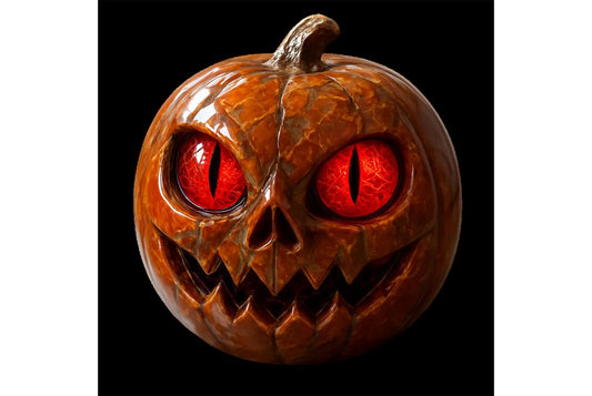 **Handmade Red-Eyed Pumpkin Figurine**