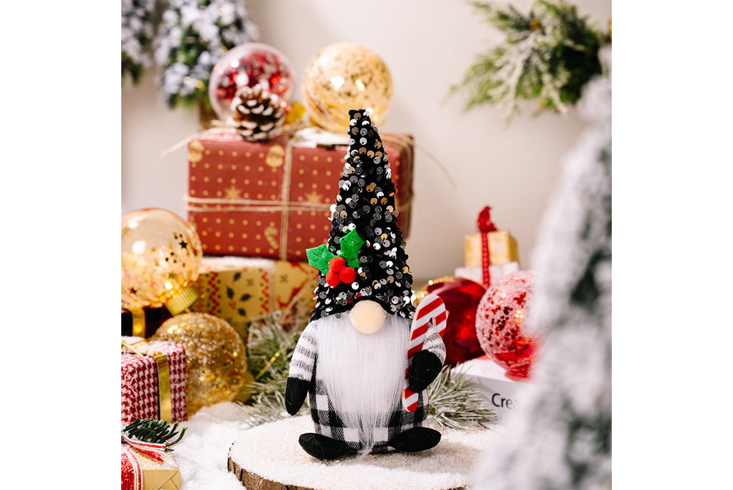 **Christmas Red and Black Sequined Hat Rudolph Faceless Doll Figurine**