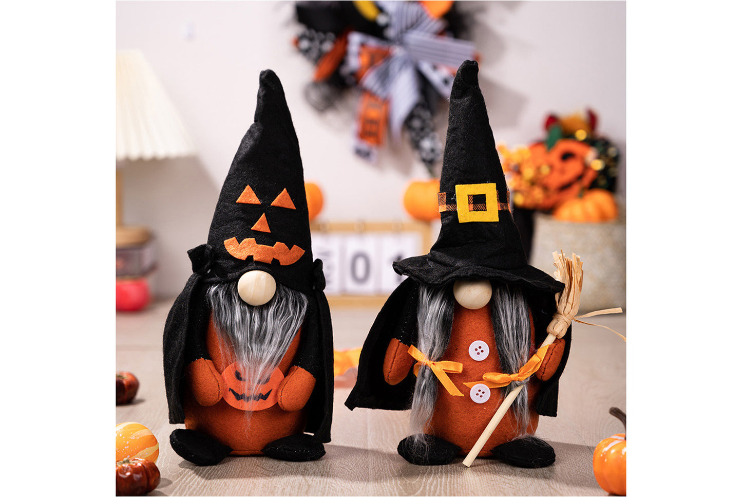 **Halloween Fabric Gnome Figurine | Pumpkin and Broom Witch Home Decor**