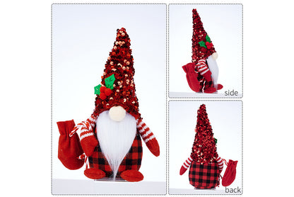 **Christmas Red and Black Sequined Hat Rudolph Faceless Doll Figurine**
