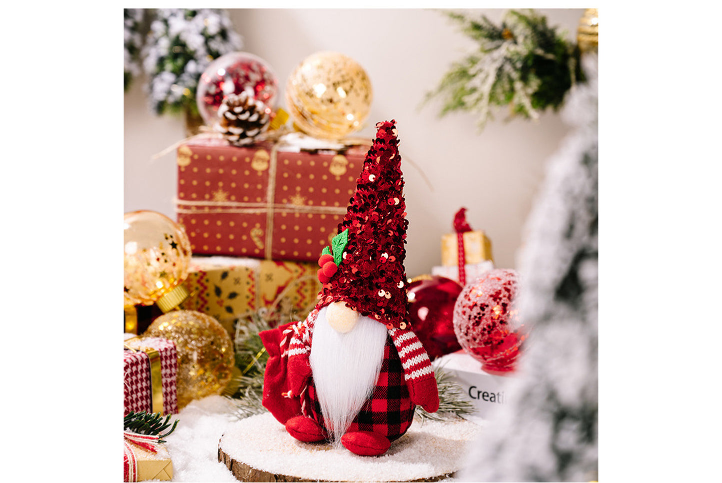 **Christmas Red and Black Sequined Hat Rudolph Faceless Doll Figurine**