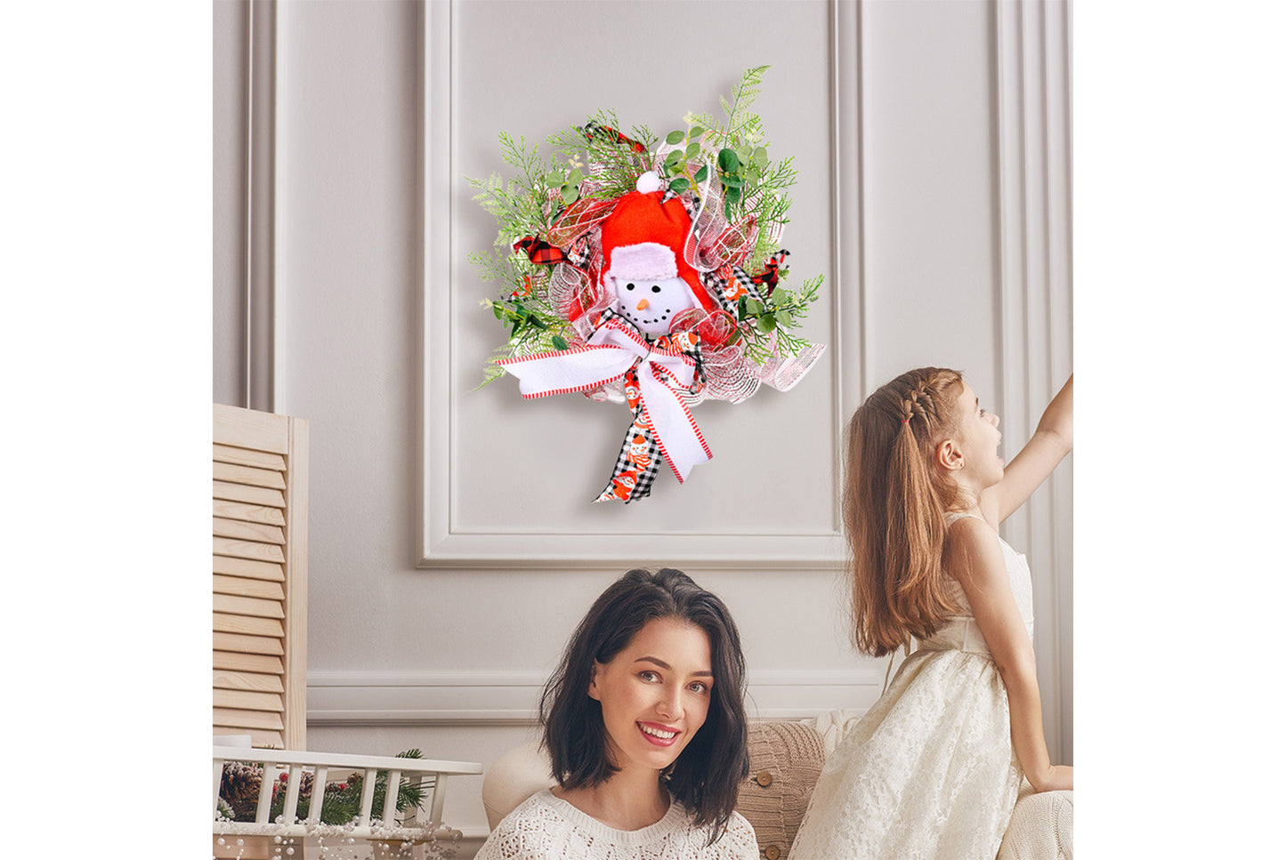 **Christmas Cartoon Snowman Ribbon Wreath Decoration**