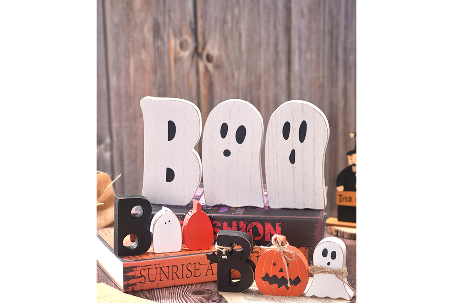 **Halloween BOO Ghost Ornament | Wooden Tray Decoration**