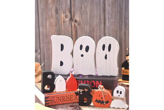 **Halloween BOO Ghost Ornament | Wooden Tray Decoration**
