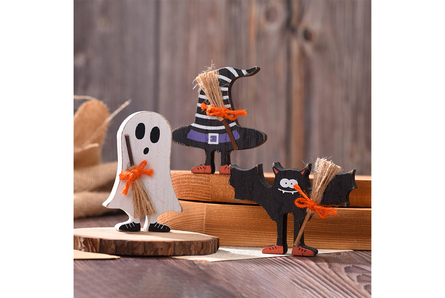 **Halloween Wooden Ornaments | Ghost Bat Tiered Tray Decoration**