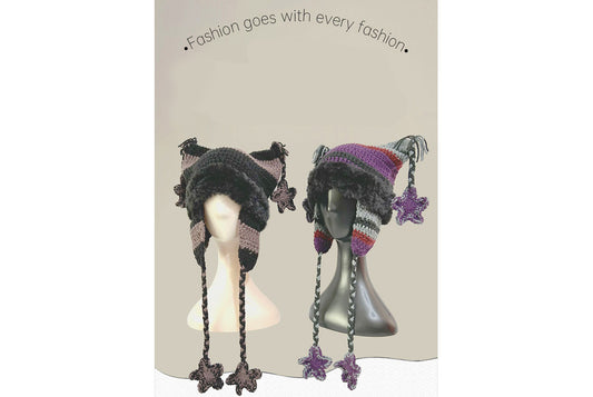 **Hand-Crossed Five-Pointed Star Cat Ear Knitted Hat (Sweet and Warm Wool Hat)**