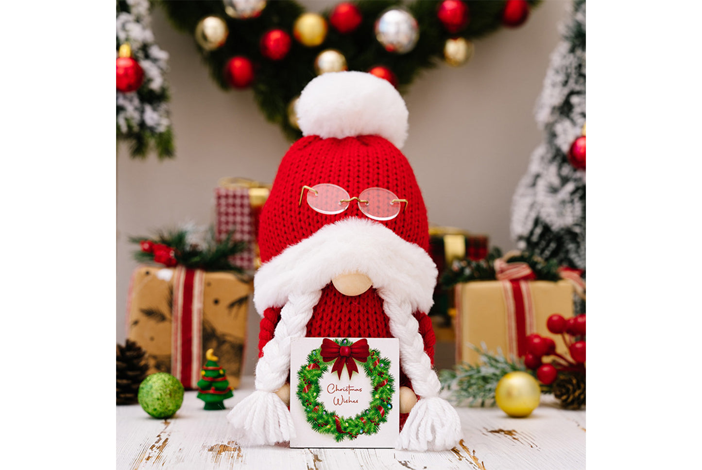 **Christmas Pom-Pom Knit Hat with Rudolph Figurine**