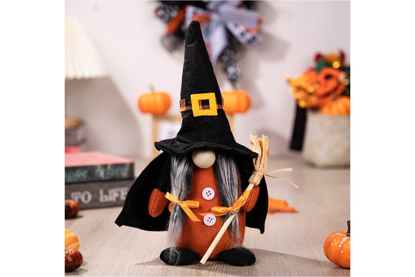 **Halloween Fabric Gnome Figurine | Pumpkin and Broom Witch Home Decor**
