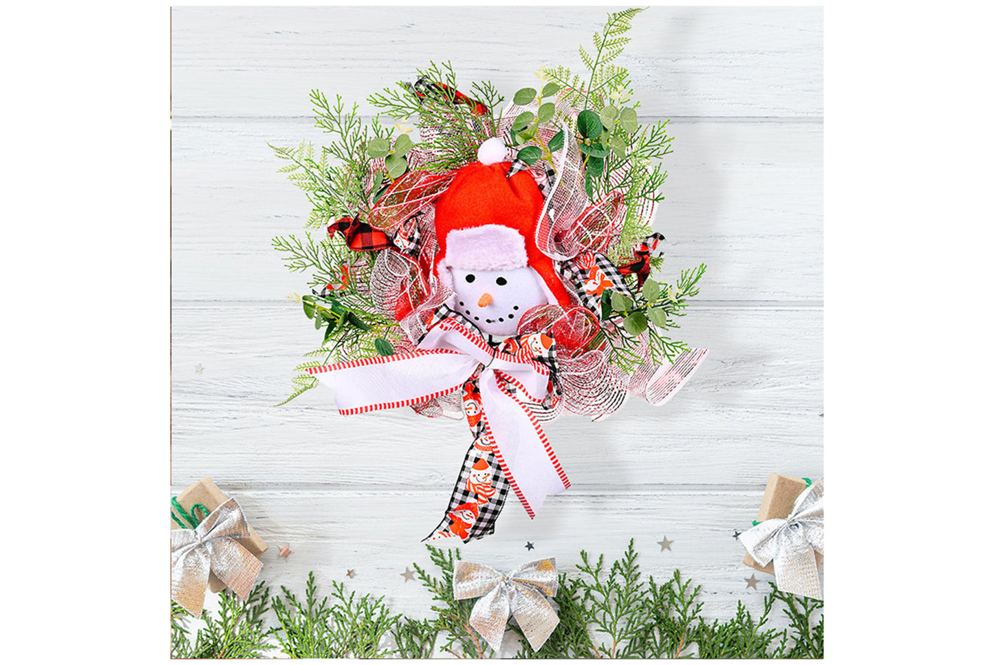 **Christmas Cartoon Snowman Ribbon Wreath Decoration**
