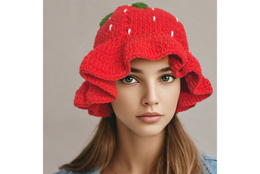 **Handmade Strawberry Bucket Hat (Sweet Lace Knit Hat)**