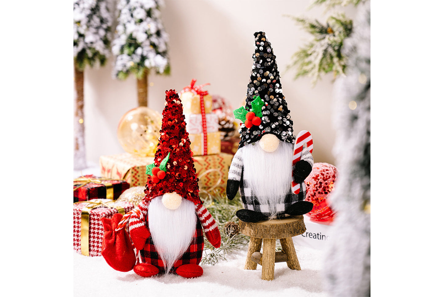 **Christmas Red and Black Sequined Hat Rudolph Faceless Doll Figurine**